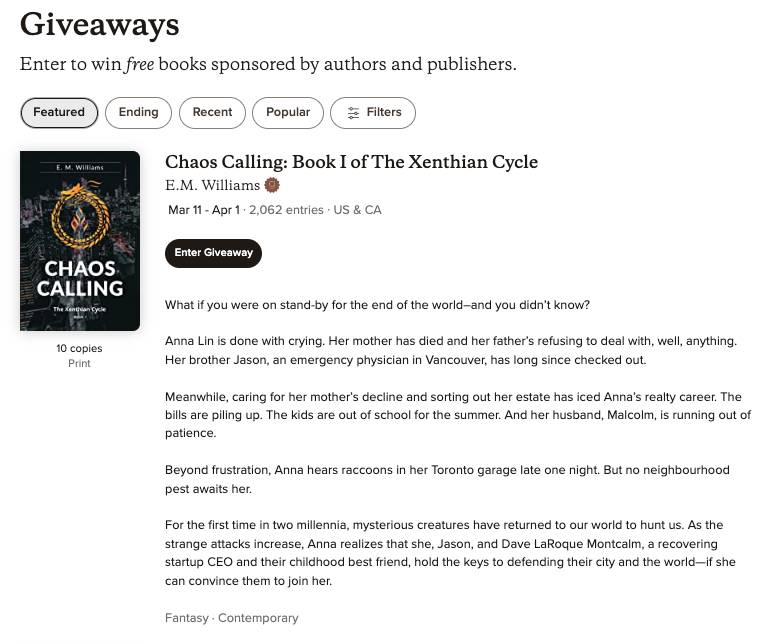 Goodreads Giveaway for Chaos Calling
